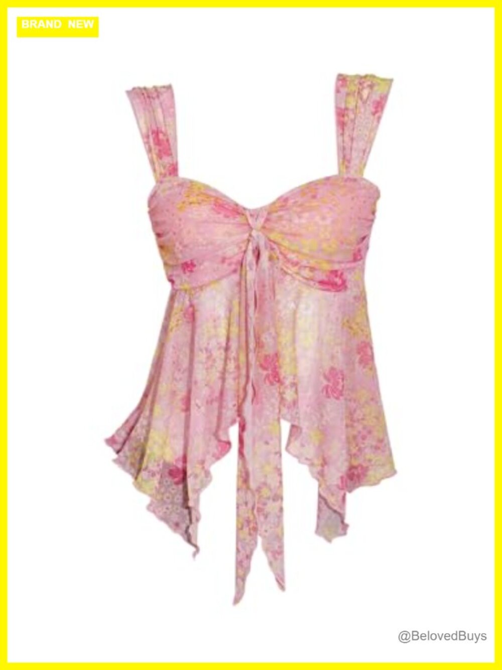 Boho Floral Mesh Asymmetrical Ruffle Tie Front Tank Top